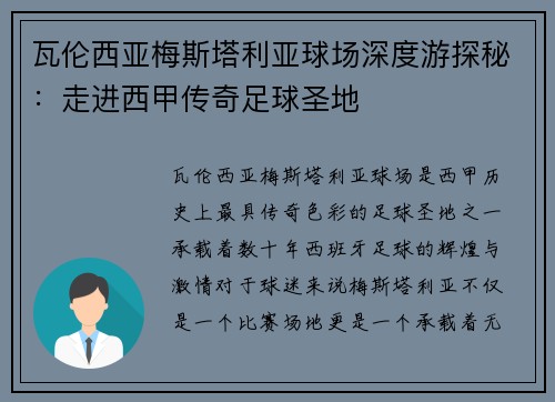 瓦伦西亚梅斯塔利亚球场深度游探秘：走进西甲传奇足球圣地