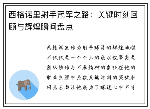 西格诺里射手冠军之路：关键时刻回顾与辉煌瞬间盘点